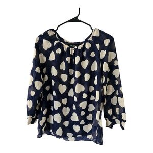 J CREW Womens Blouse Top Navy Blue, Tan Heart Print, Round neck Size XXS